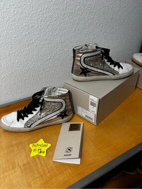 Golden Goose Metallic Silver Glitter High-Top Sneakers with Black Star